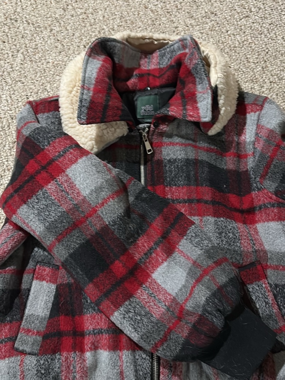 wild fable Red and Gray Plaid Sherpa-Lined Jacket